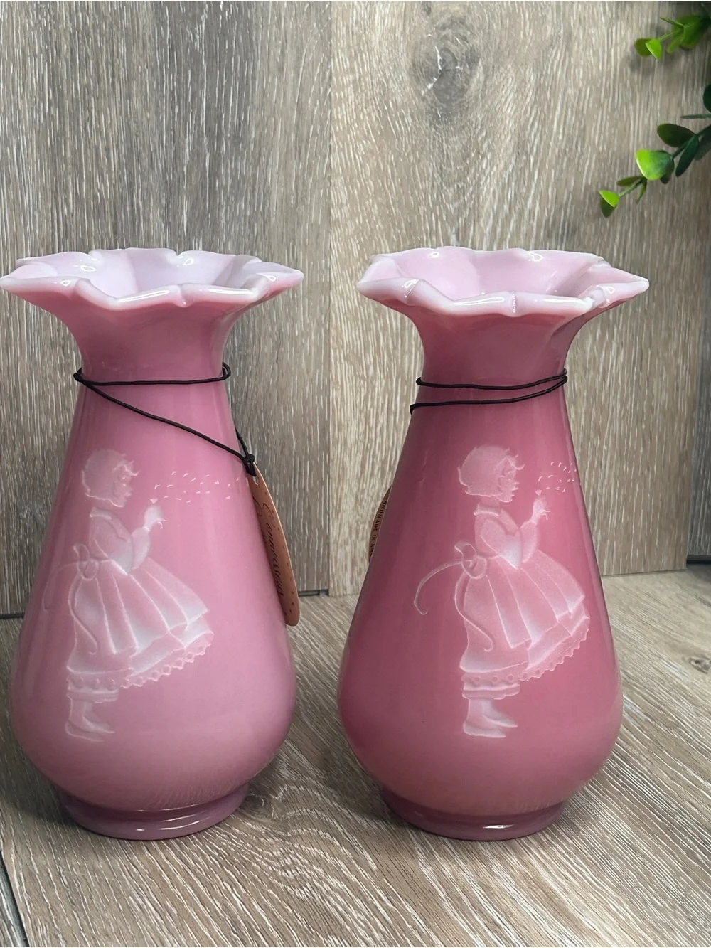 Vintage Fenton Rose Quartz Sand Carved Glass Vases Pair Limited Edition 7.5